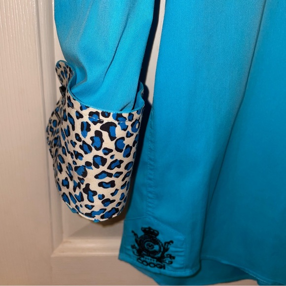 COOGI Luxe Stretch Collection Blue button shirt w/ Leopard cuffs & collar - Picture 6 of 13